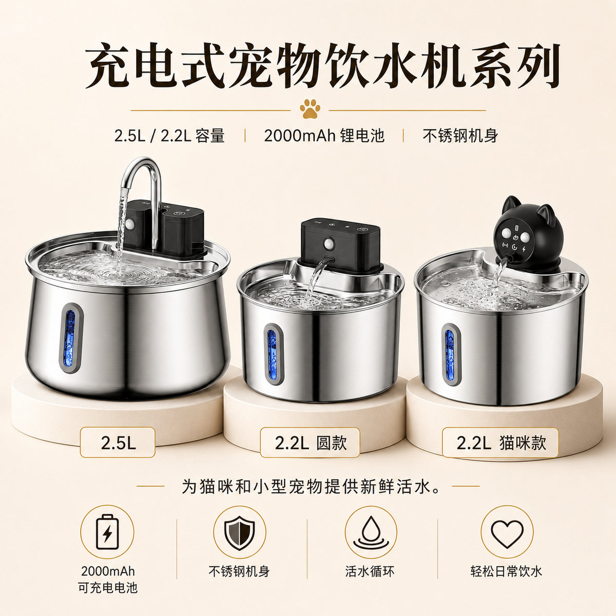 热销款亚马逊2.5L&2.2宠物自动饮水机无线感应锂电池猫咪饮水机