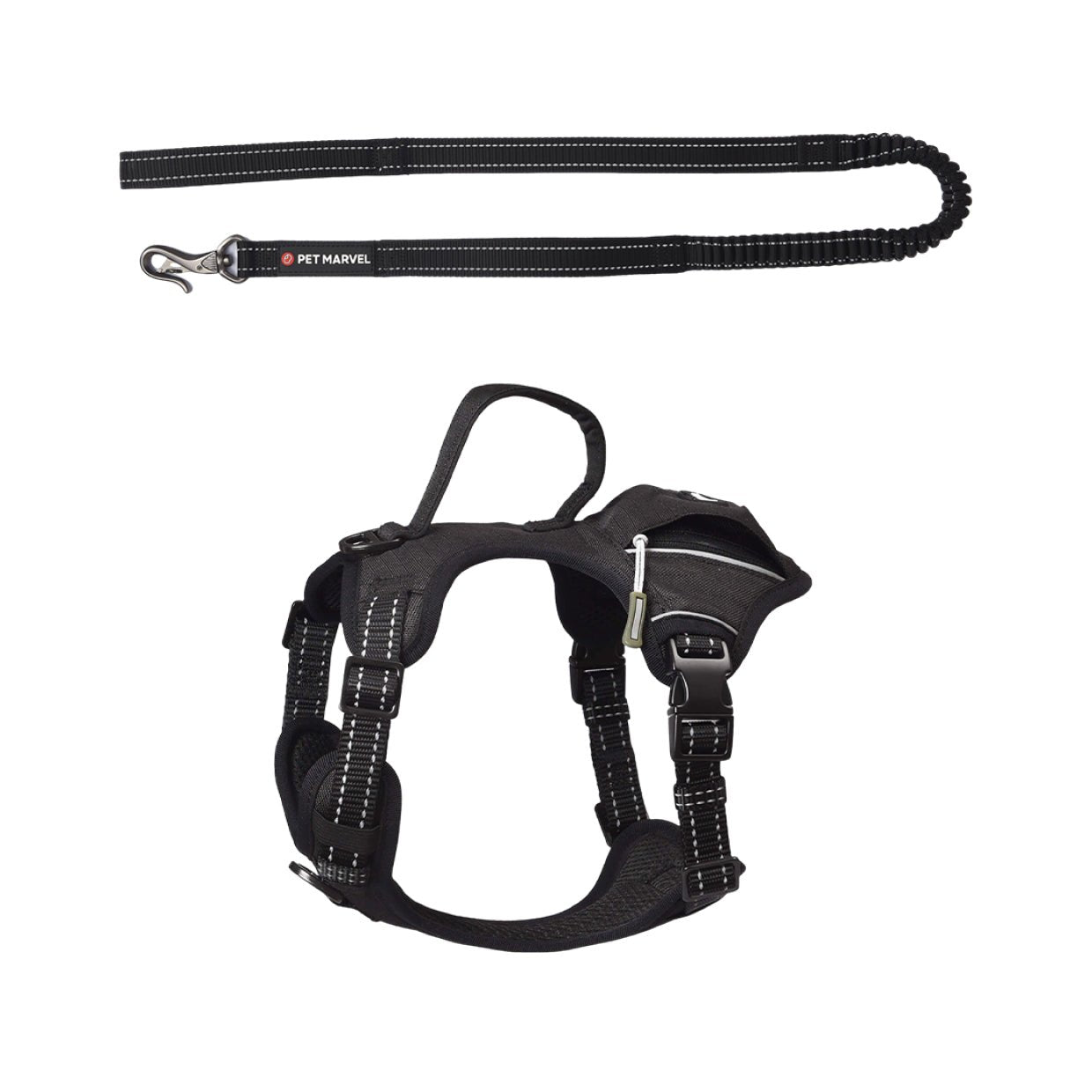 The set comes with a heavy duty tactical dog harness with poop bag holder, and a shock absorbing dog leash