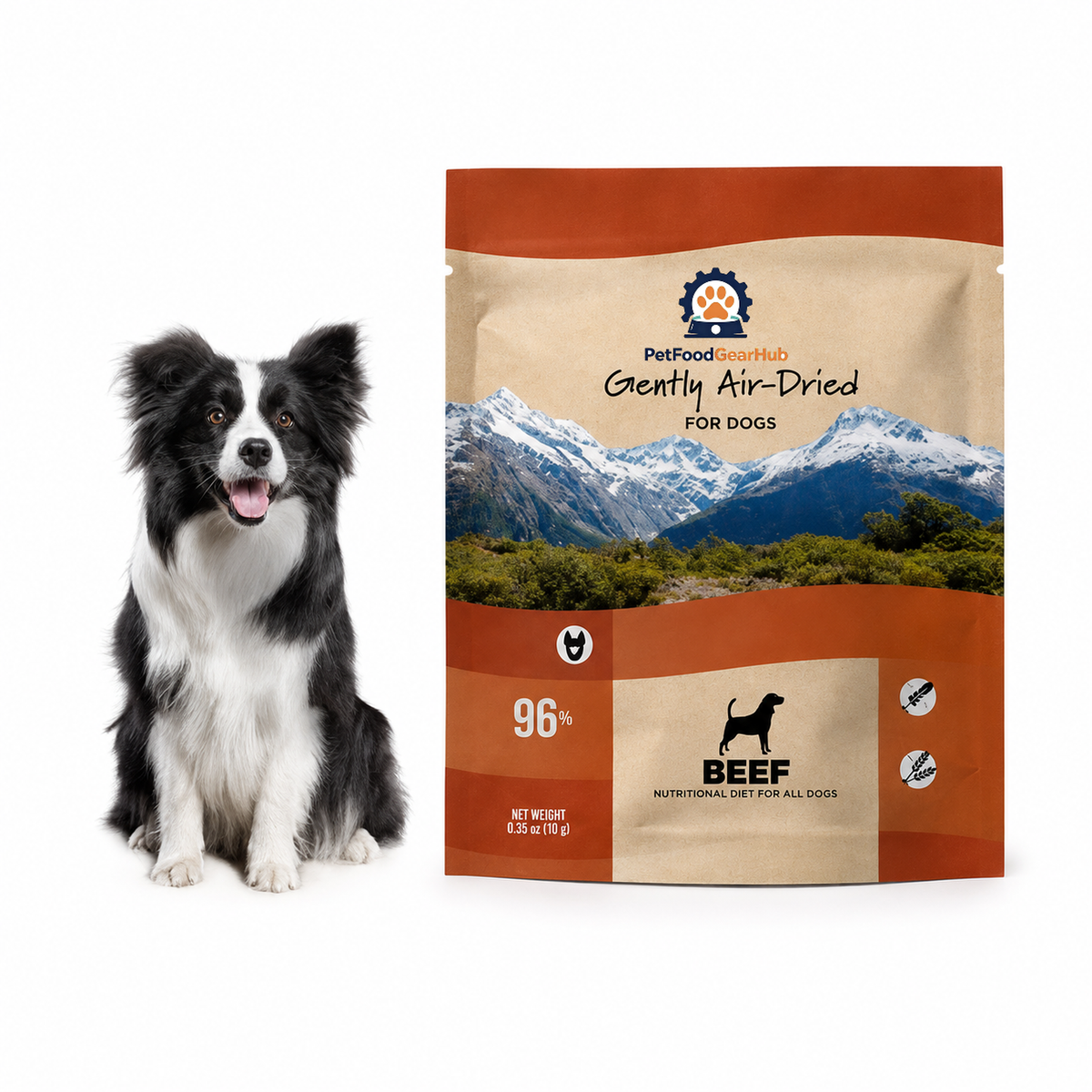 PetFoodGearHub beef air-dried dog food in a flat 10 g red-brown sample pouch, displayed with a border collie.