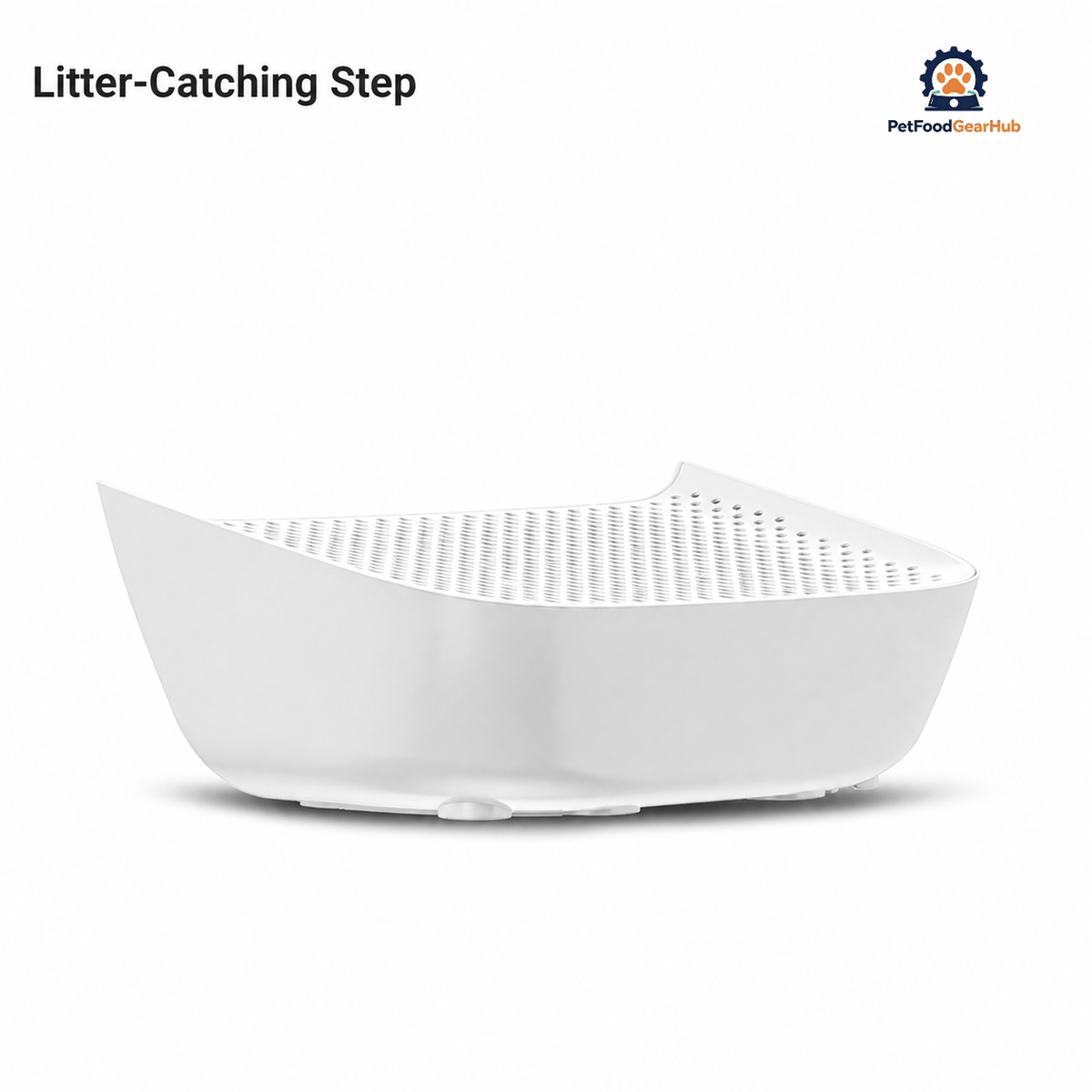 White litter-catching step with a curved rim, perforated top, and small feet, shown in a complete view on white.