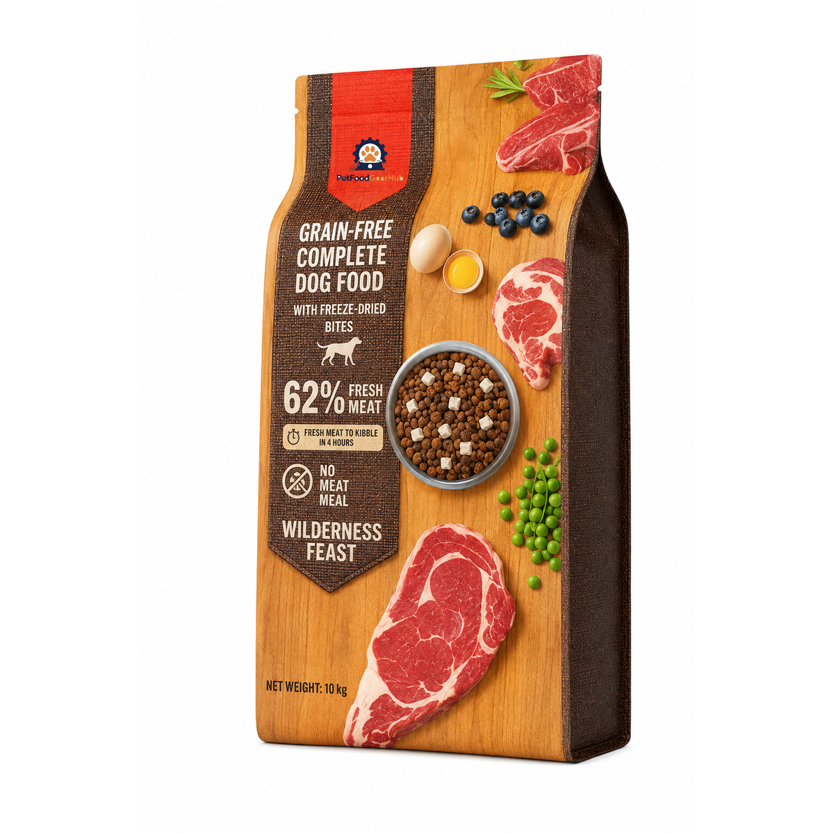PetFoodGearHub Wilderness Feast 10 kg dog food bag with wood and brown fabric artwork and fresh-meat illustrations.