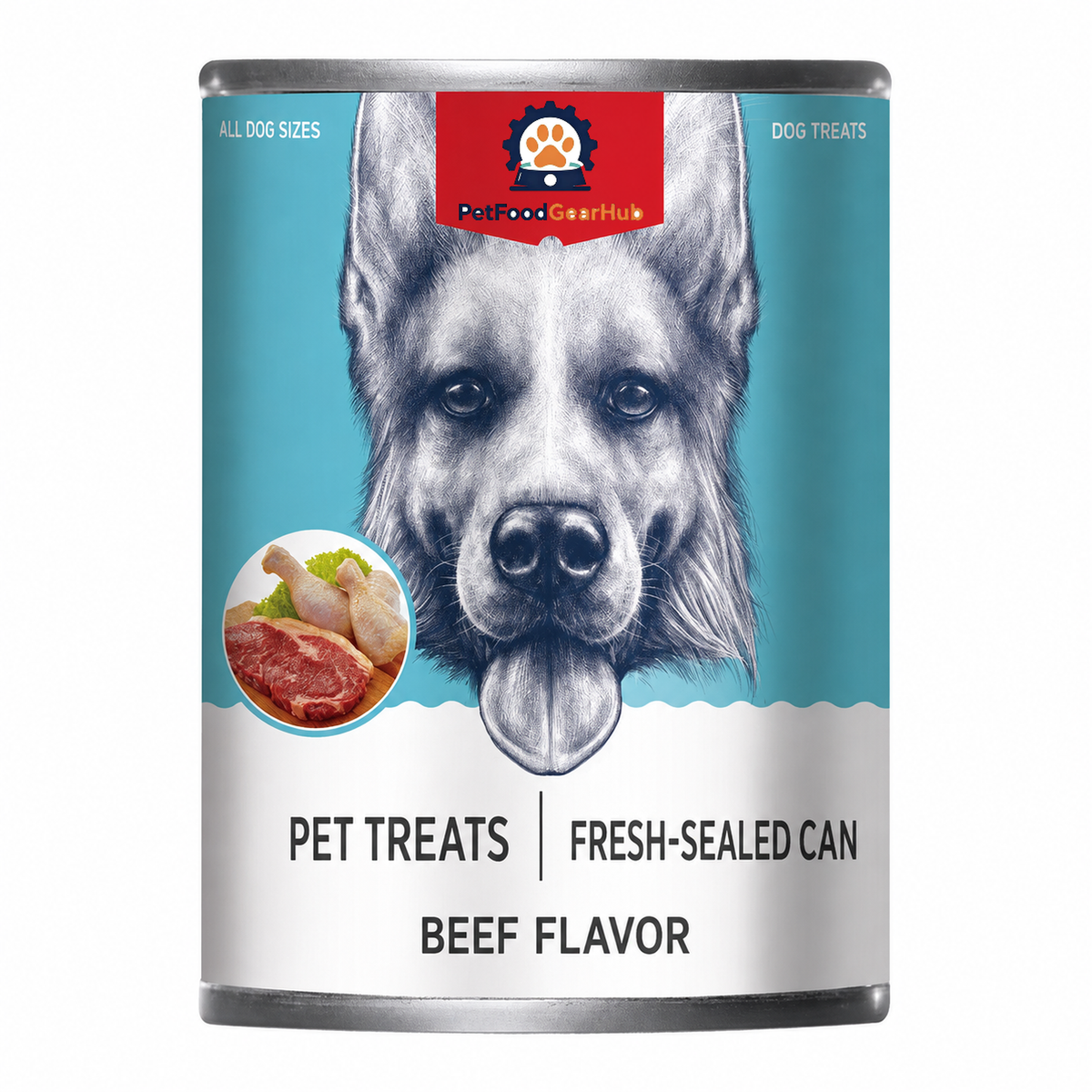 Single cyan PetFoodGearHub beef-flavor dog food can with a German Shepherd portrait and beef illustrations.