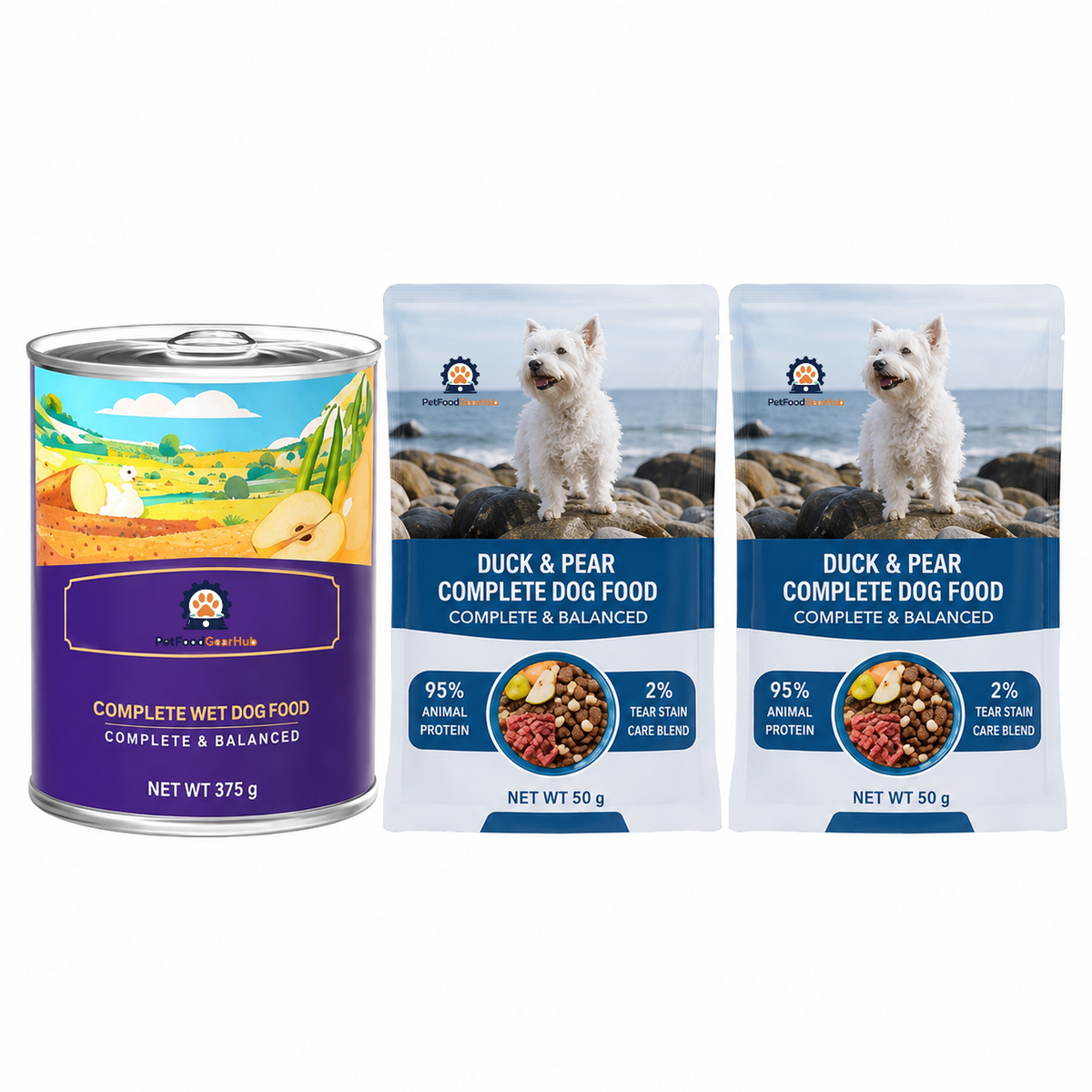 PetFoodGearHub purple 375 g wet food can displayed with two blue 50 g duck-and-pear dog food trial pouches.