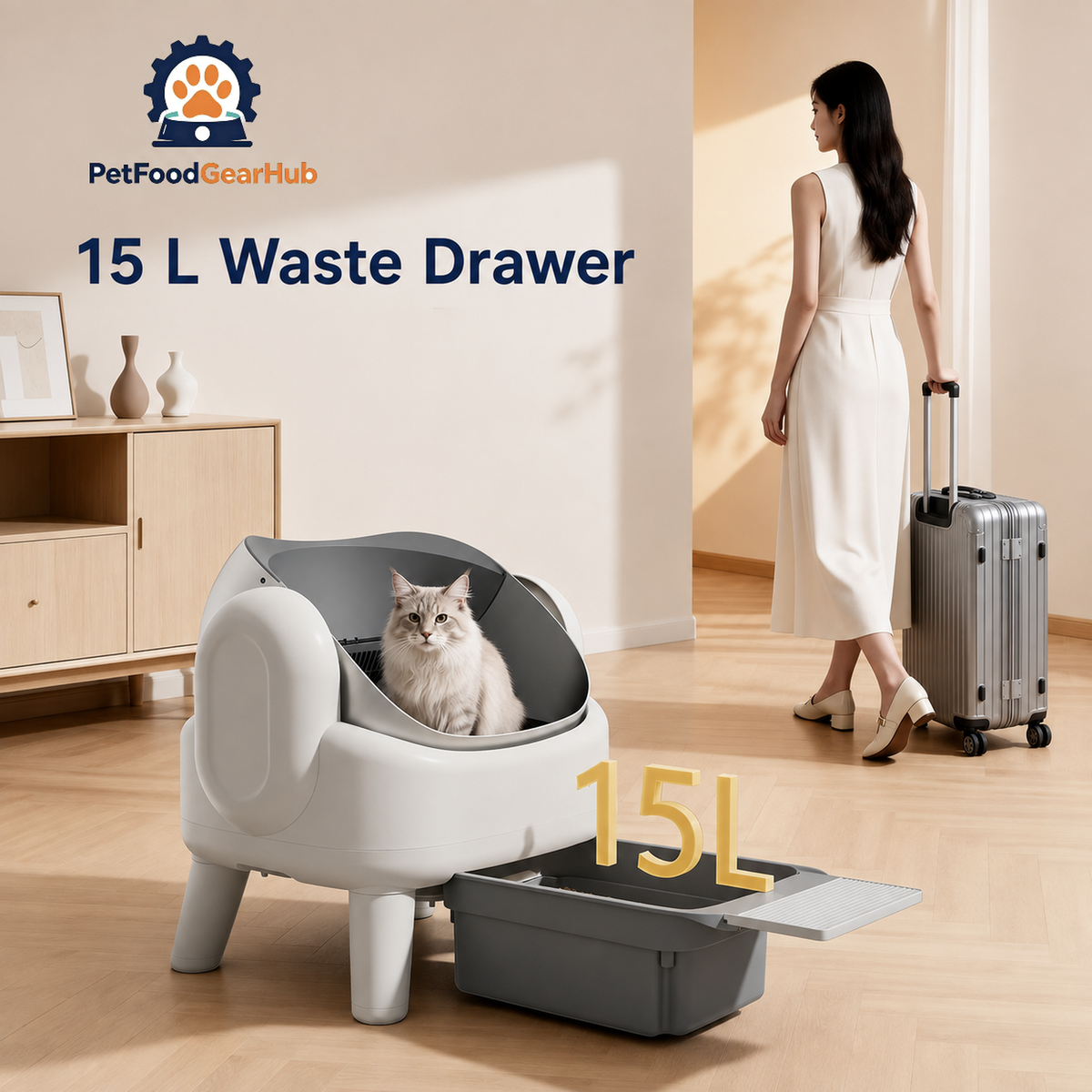 K88 Pro litter box with its 15 L waste drawer pulled out, a cat in the drum, and a woman with a suitcase in the room.