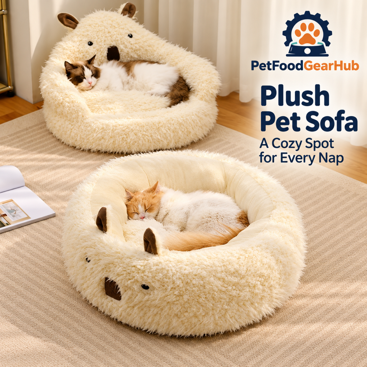 PetFoodGearHub Alpaca pet sofa shown with resting cats