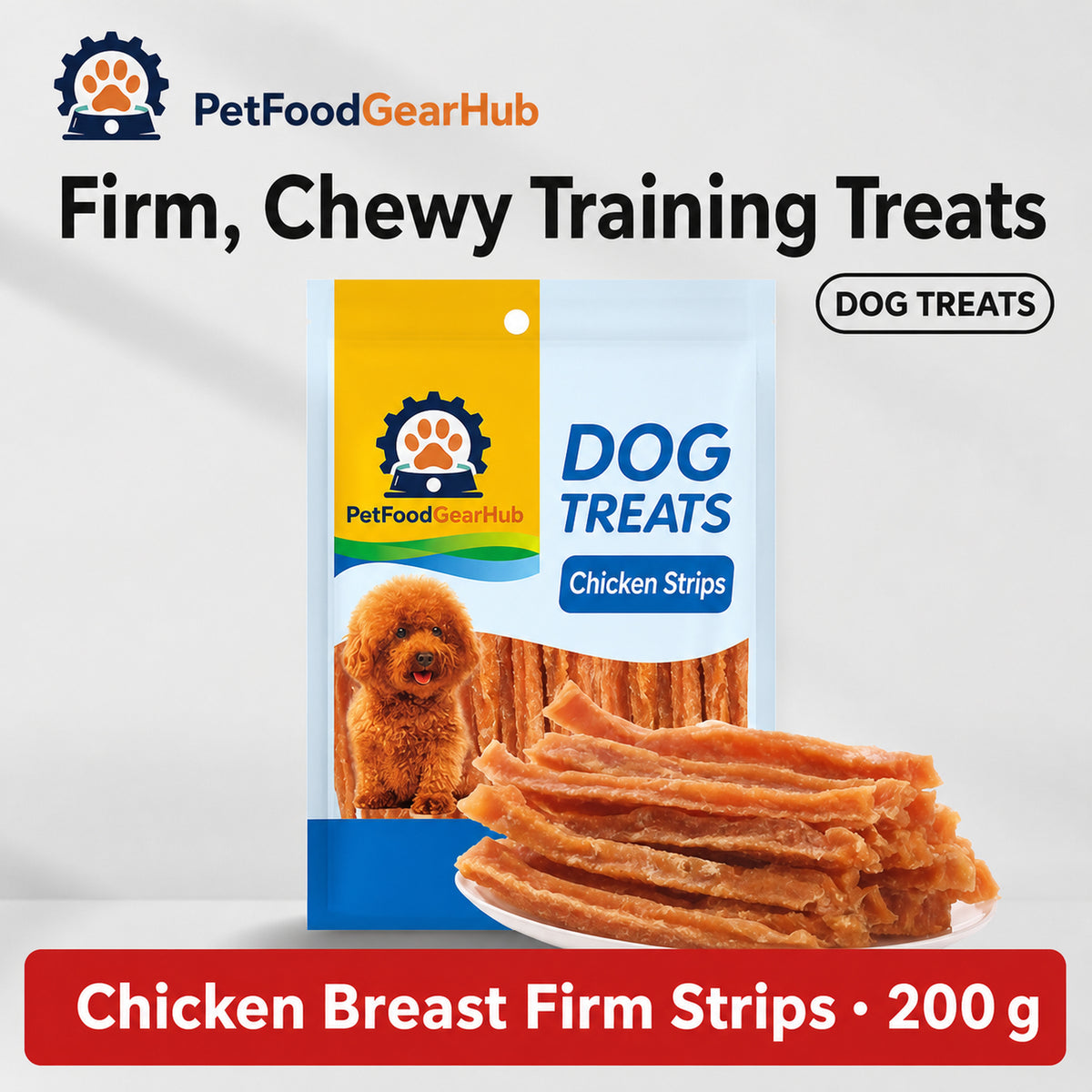 PetFoodGearHub chicken breast firm strip dog treats package and product