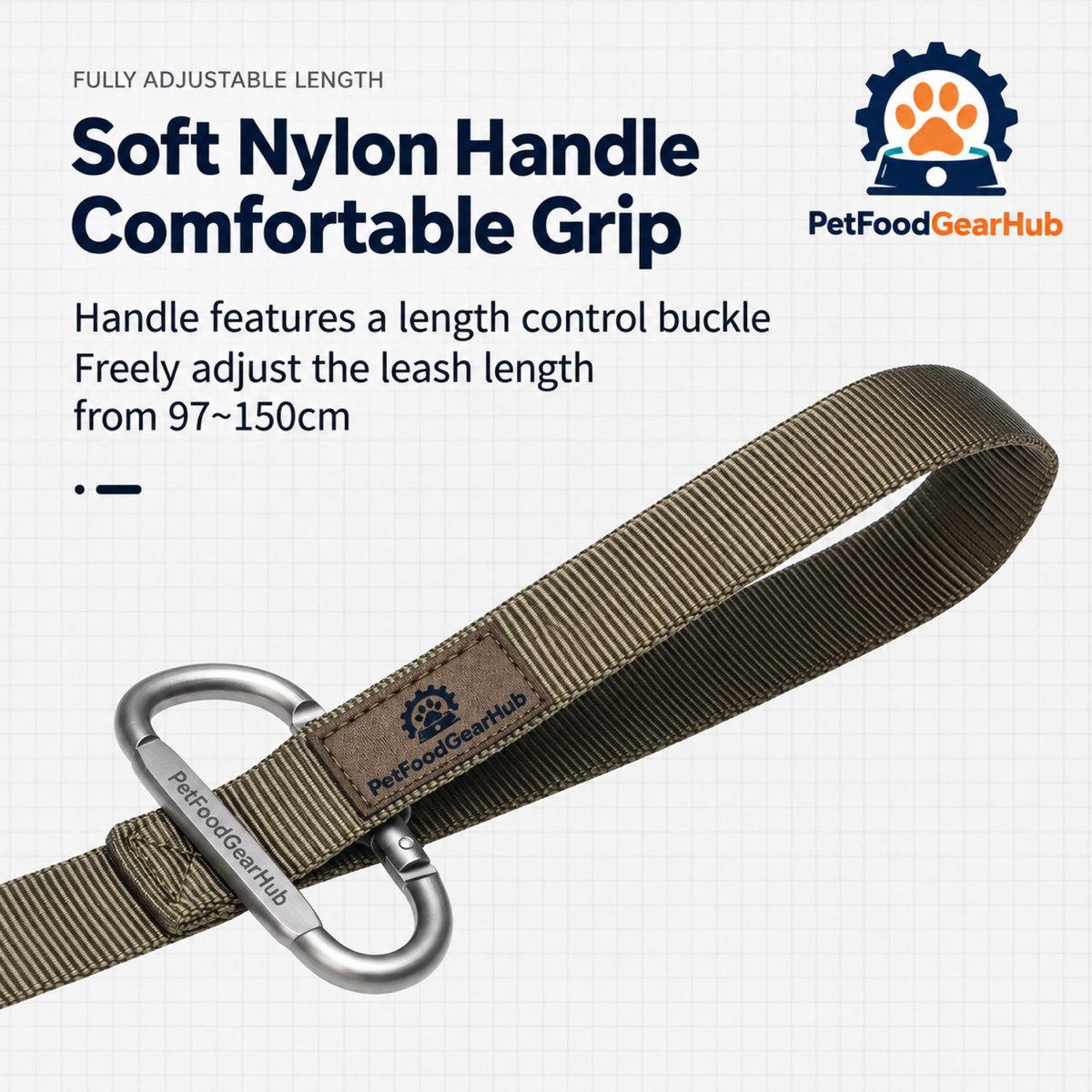 PetFoodGearHub Padded leash handle and length diagram