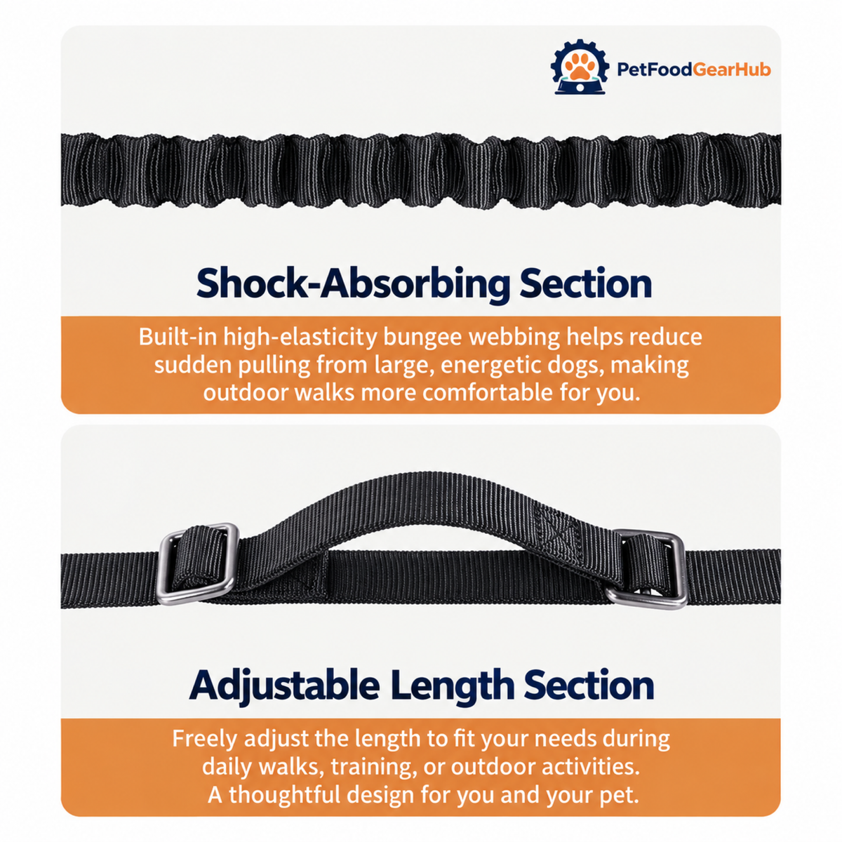 PetFoodGearHub Elastic bungee section and leash length adjustment