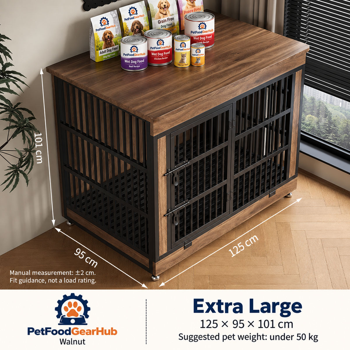 PetFoodGearHub Furniture-Style Dog Crate, Walnut - design and dimension details