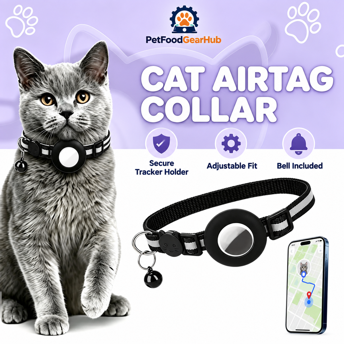 Black Smart Pet Tracker Collar – black cat tracker collar with bell