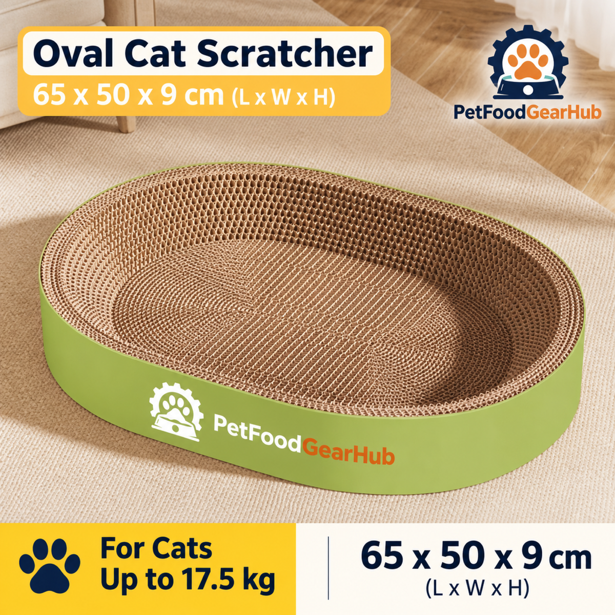 PetFoodGearHub Oval cardboard cat scratcher measuring 65 x 50 x 9 cm