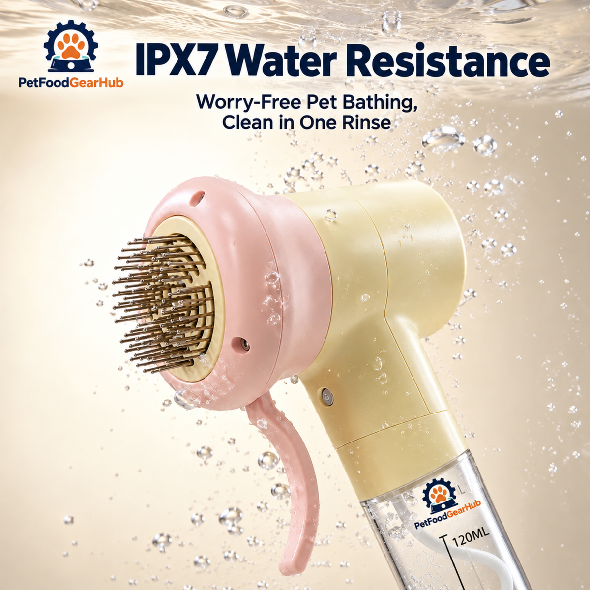 PetFoodGearHub IPX7 water resistance of a pet shampoo foamer brush