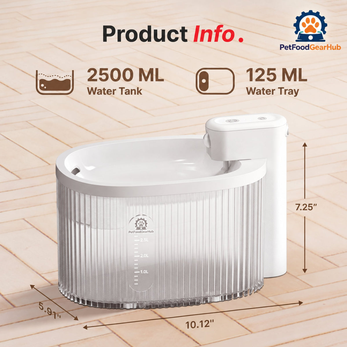 PetFoodGearHub Mini Cordless Cat Water Fountain, 2.5 L - Capacity and dimensions