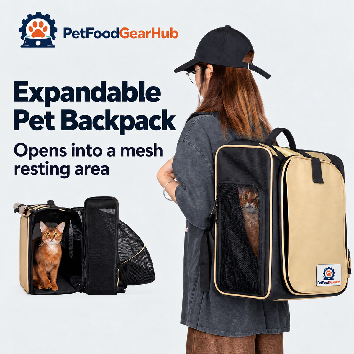 PetFoodGearHub Expandable Pet Backpack with Mesh Tent - Expandable Pet Backpack
