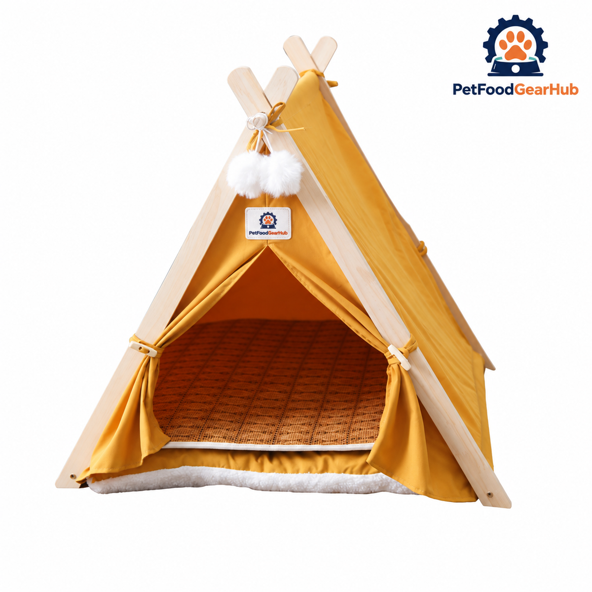 PetFoodGearHub pet tent bed with wood frame, cushion and construction details