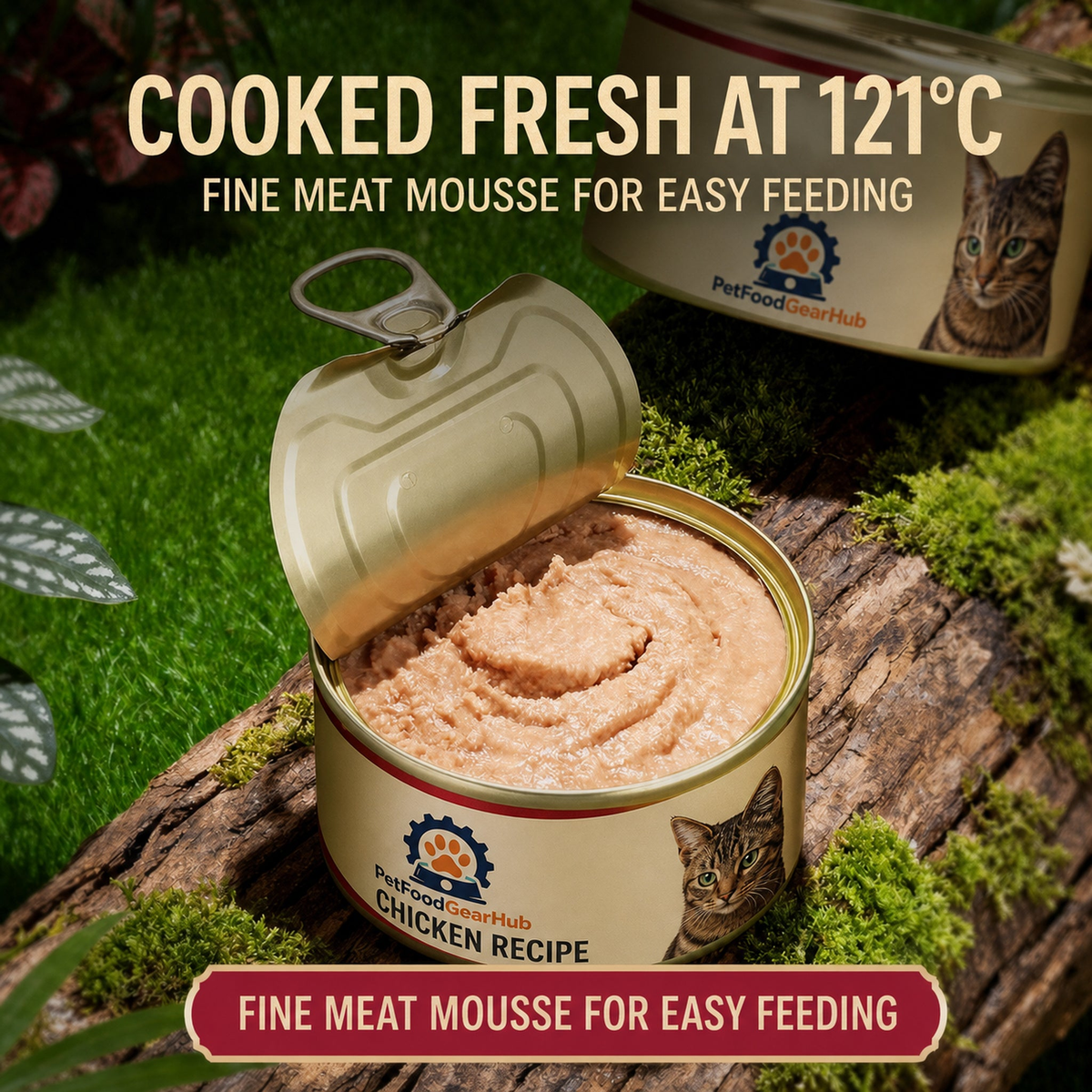 Wet cat food cooked fresh at 121 degrees Celsius with fine meat mousse texture