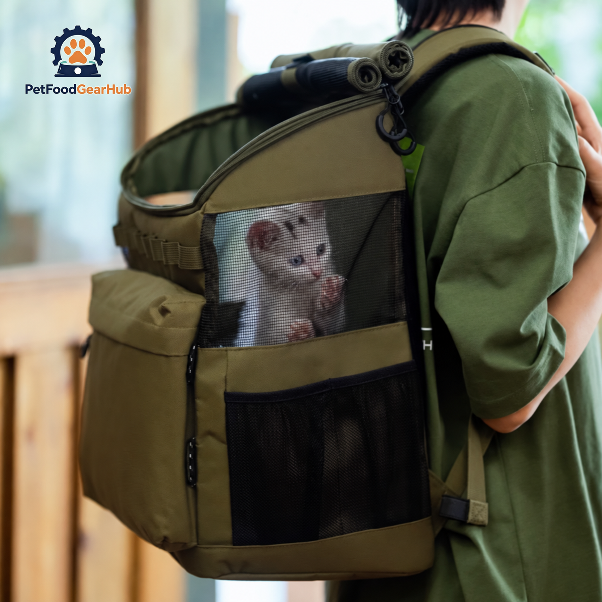 Outdoor Stylish Cat Backpack with Litter Tray in Green | PetFoodGearHub