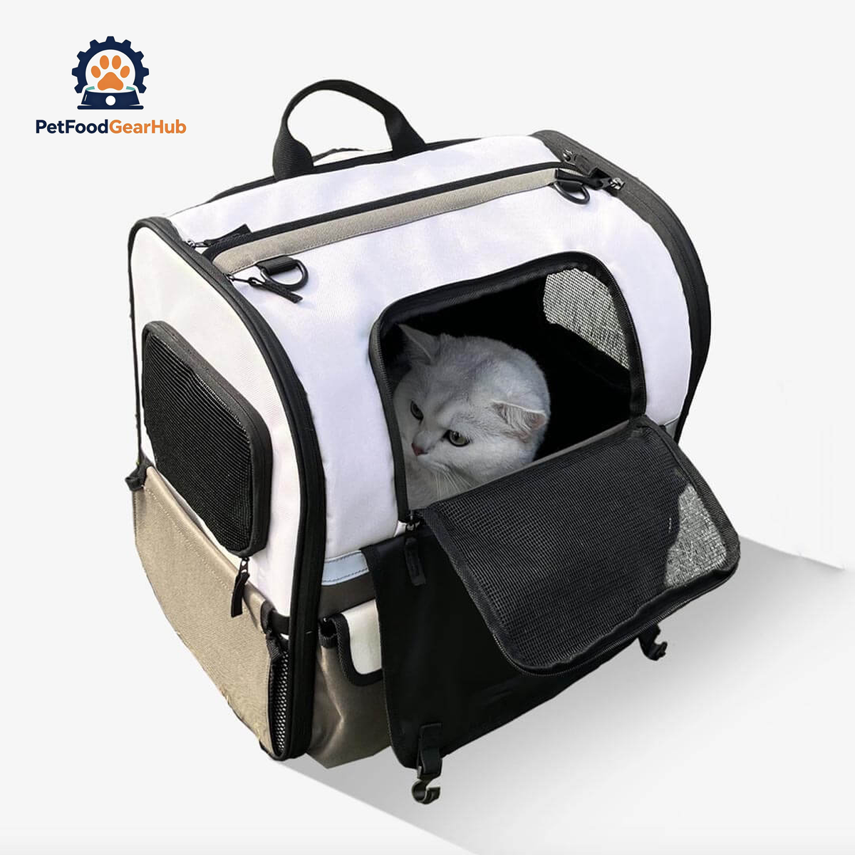 White Cat Inside Large Cat Backpack with Mesh Opening | PetFoodGearHub