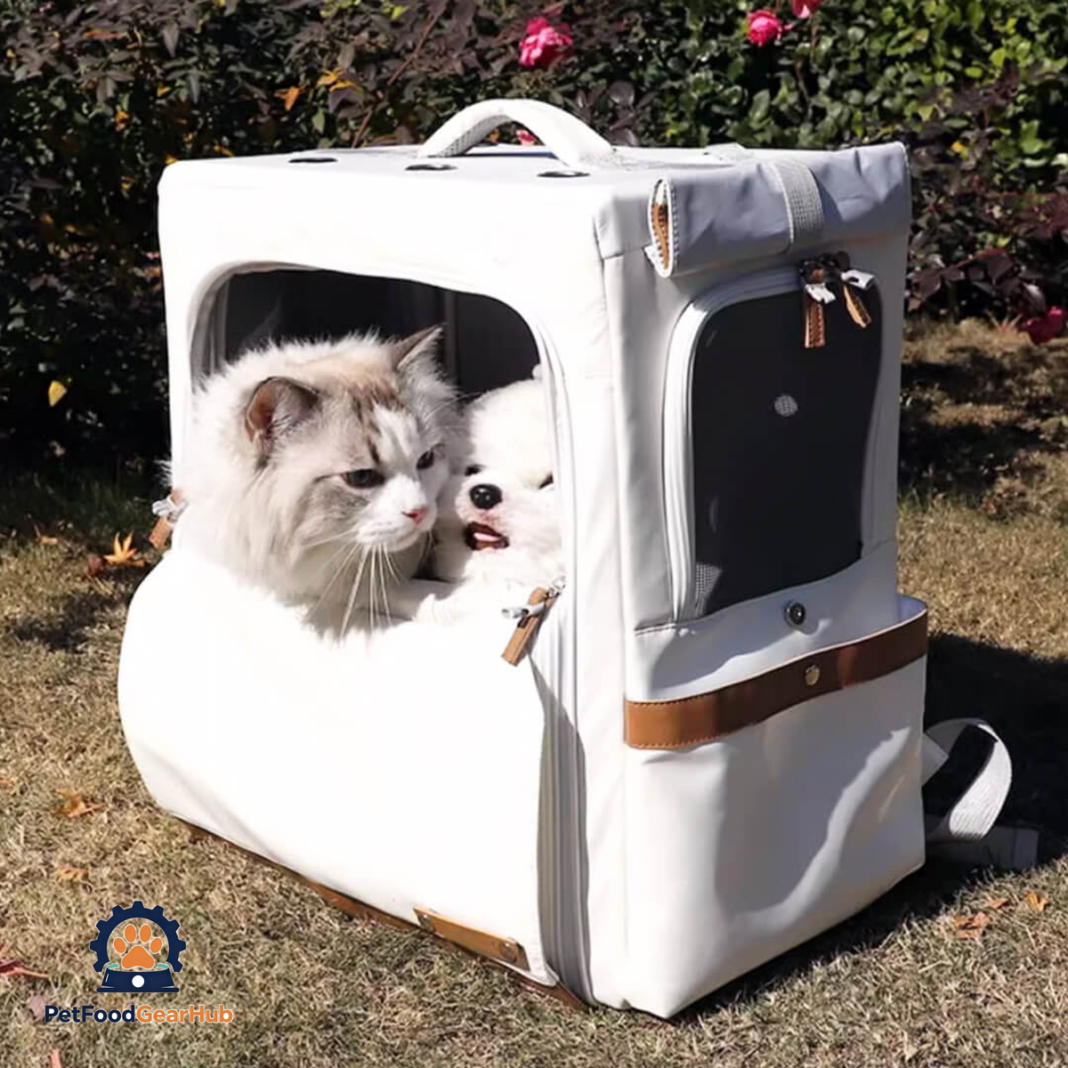 Cat & Dog Inside Beige Collapsible Leather Cat Traveling Backpack | PetFoodGearHub