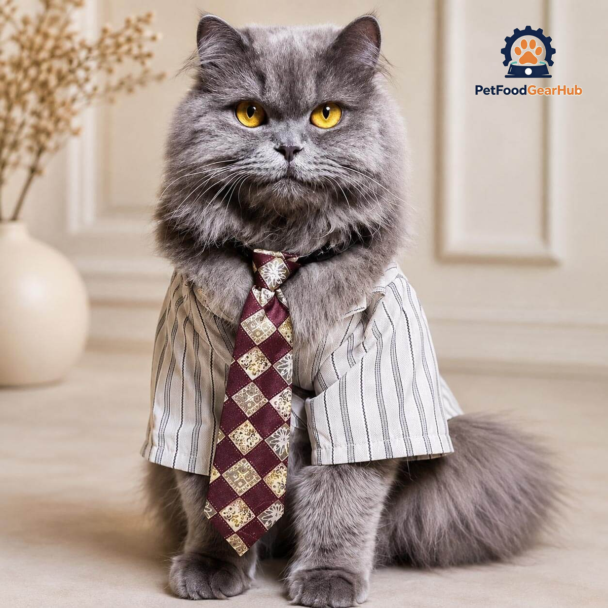 gray Cat Wearing Oxford Cat Shirt with Burgundy Patterned Tie | PetFoodGearHub