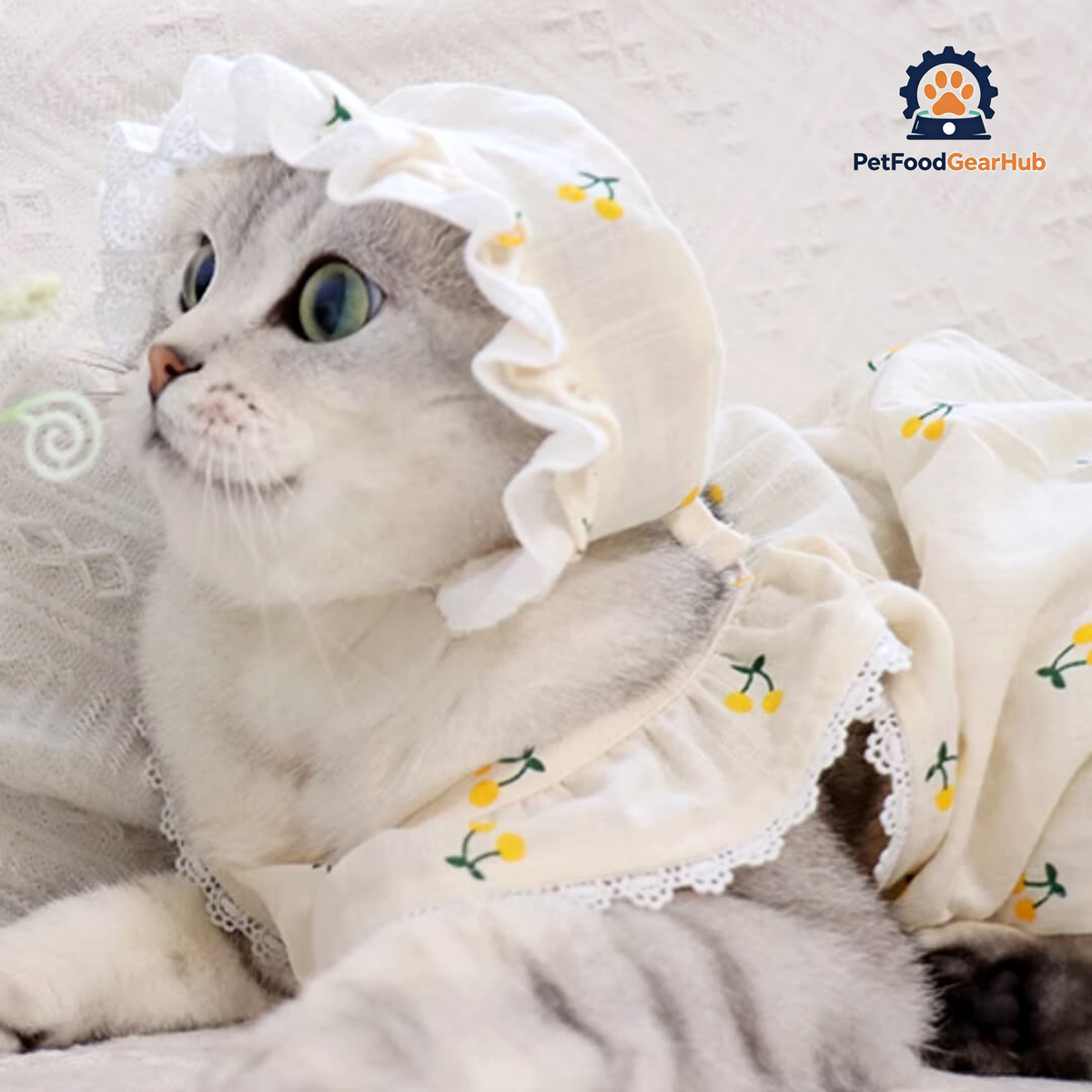 Cat in Yellow Cherry Print Hat & Dress | PetFoodGearHub