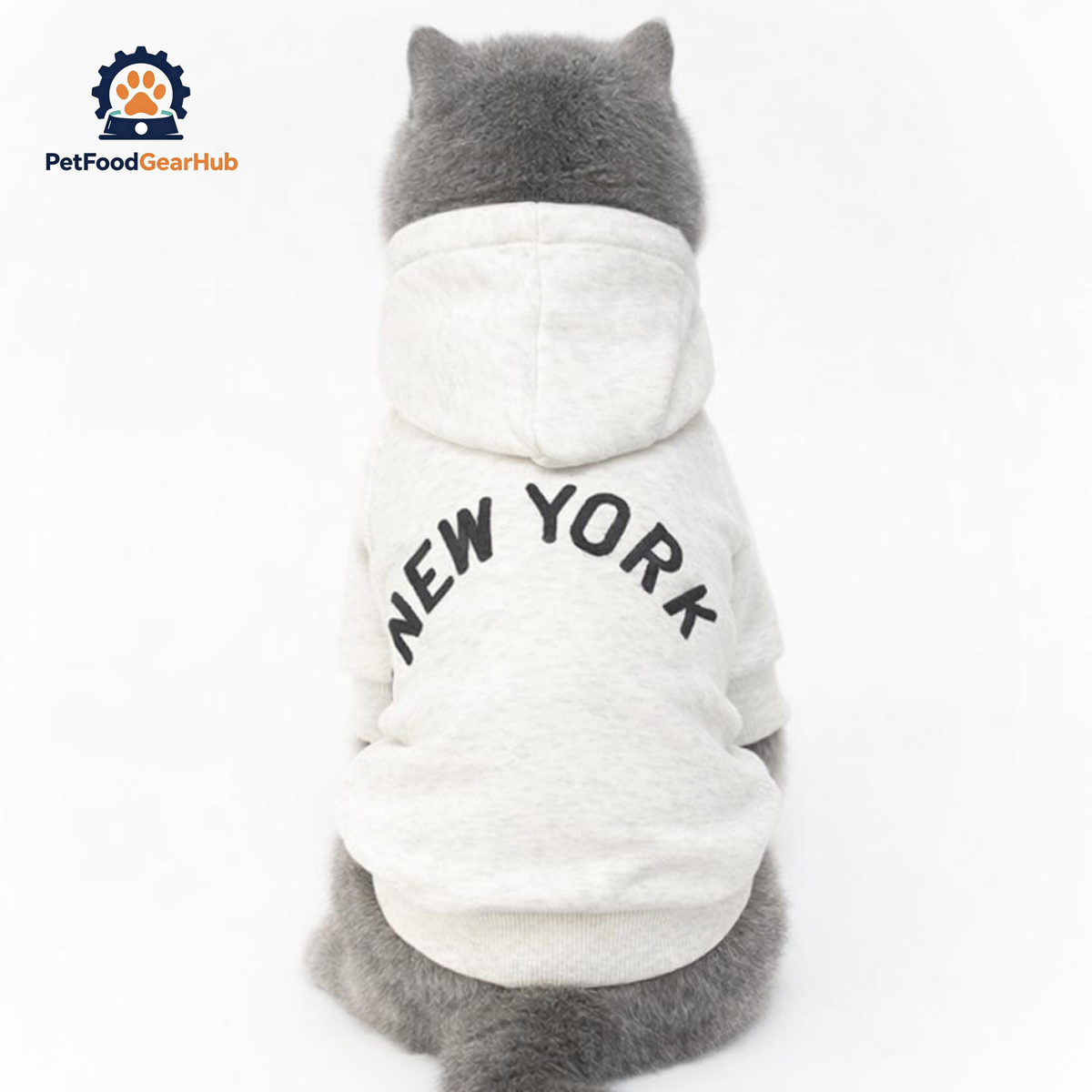 gray British Shorthair Cat Wearing Light gray New York Cat Hoodie | Cat Hoodie For Cats | PetFoodGearHub