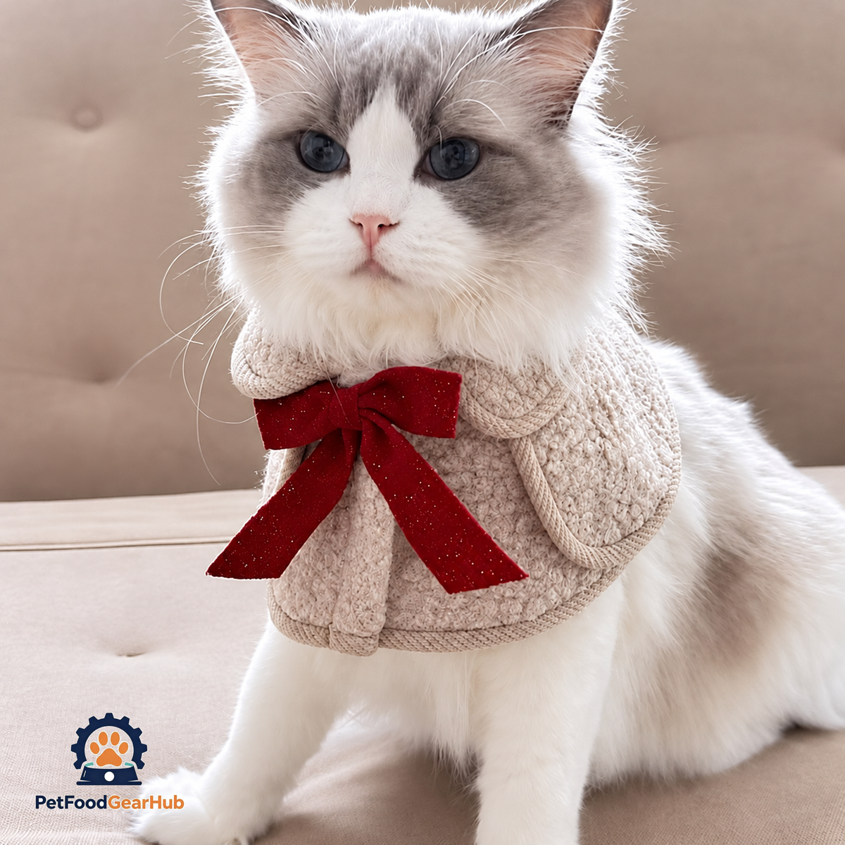 Colette Cat Bib in Vanilla on Ragdoll Cat | Bouclé Cape with Red Velvet Bow | PetFoodGearHub