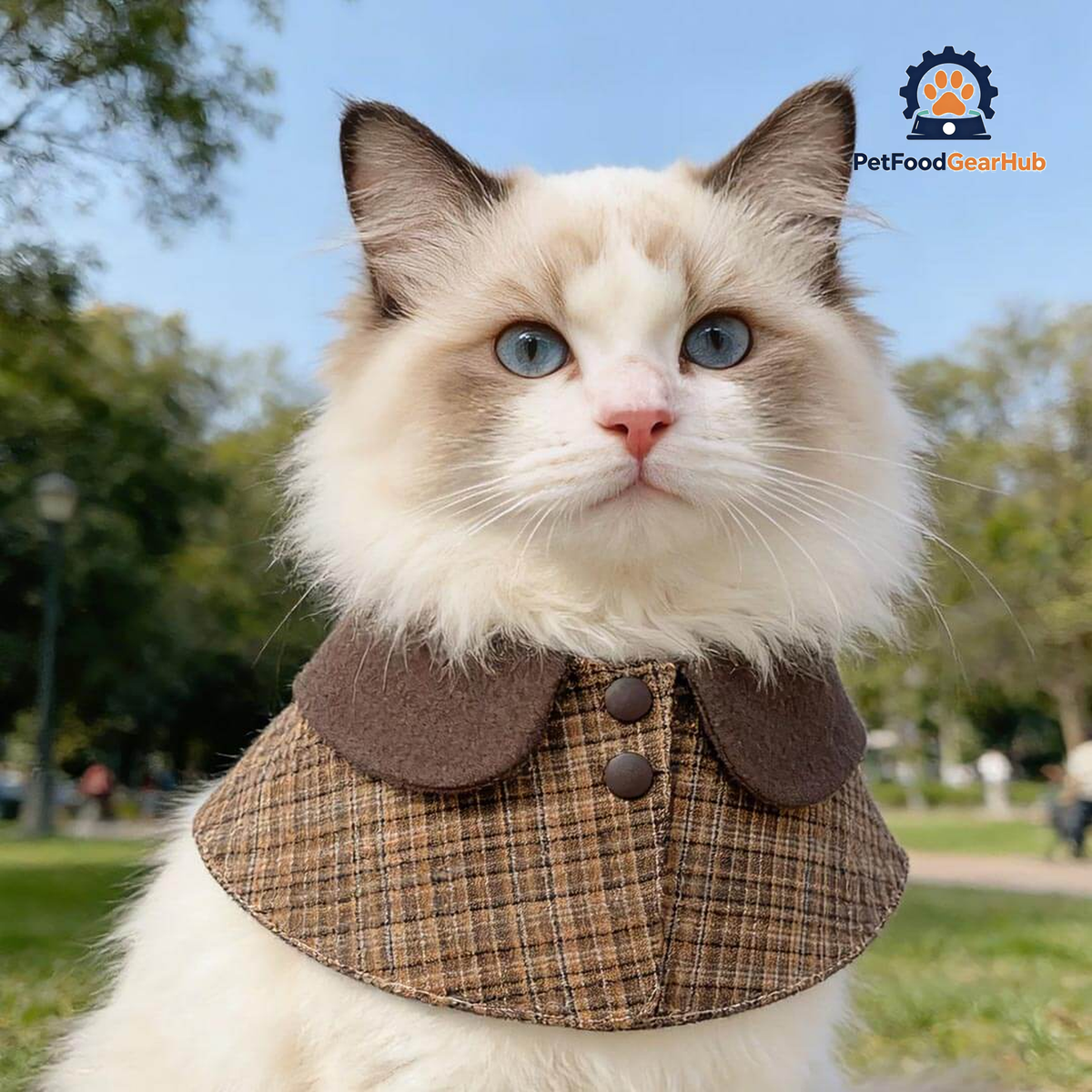 Tweed Cat Bib on Fluffy Cat | Brown Plaid Classic Collar Cat Bib | PetFoodGearHub