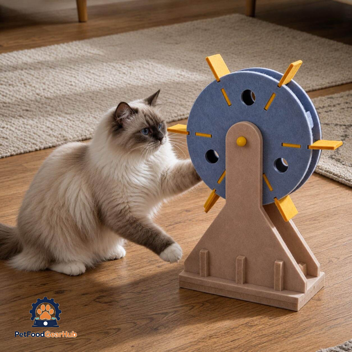 Ragdoll Cat Pawing the Wheel of a Windmill Treat Dispenser | Interactive Cat Toys | PetFoodGearHub