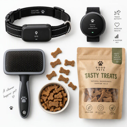 Flat lay of pet safety gear including GPS tracker collar, smart activity monitor, grooming brush, and pet treats on white background