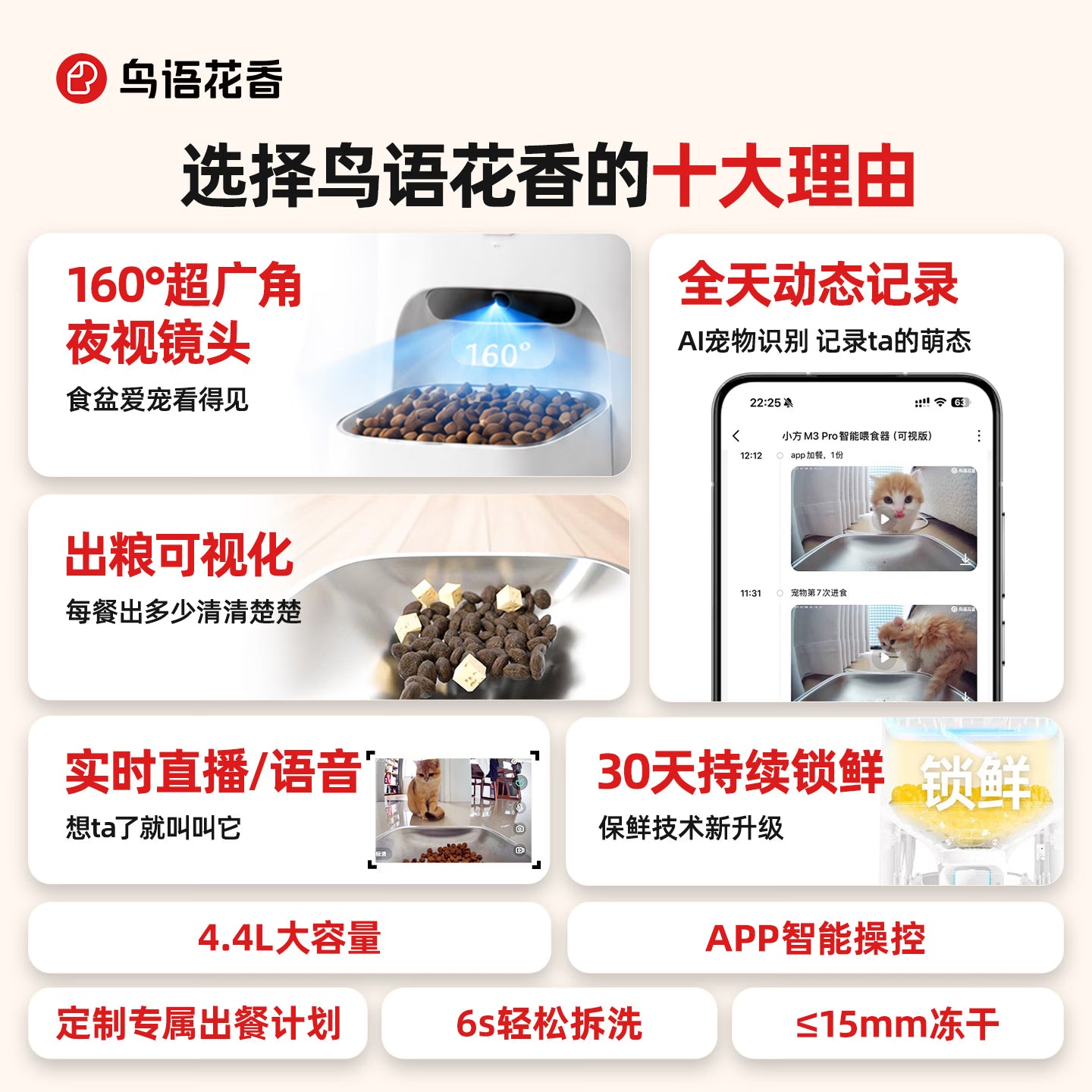鳥語花香小方M3智能锁鲜自动喂食器猫粮狗粮定时猫咪自动投食机 【可视语音】M3 PRO可视喂食器