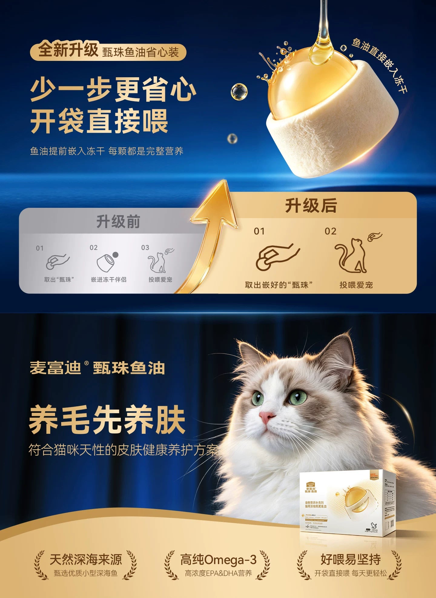 麦富迪甄珠鱼油猫用爆珠凤尾鱼油磷虾油美毛宠物猫咪专用非卵磷脂