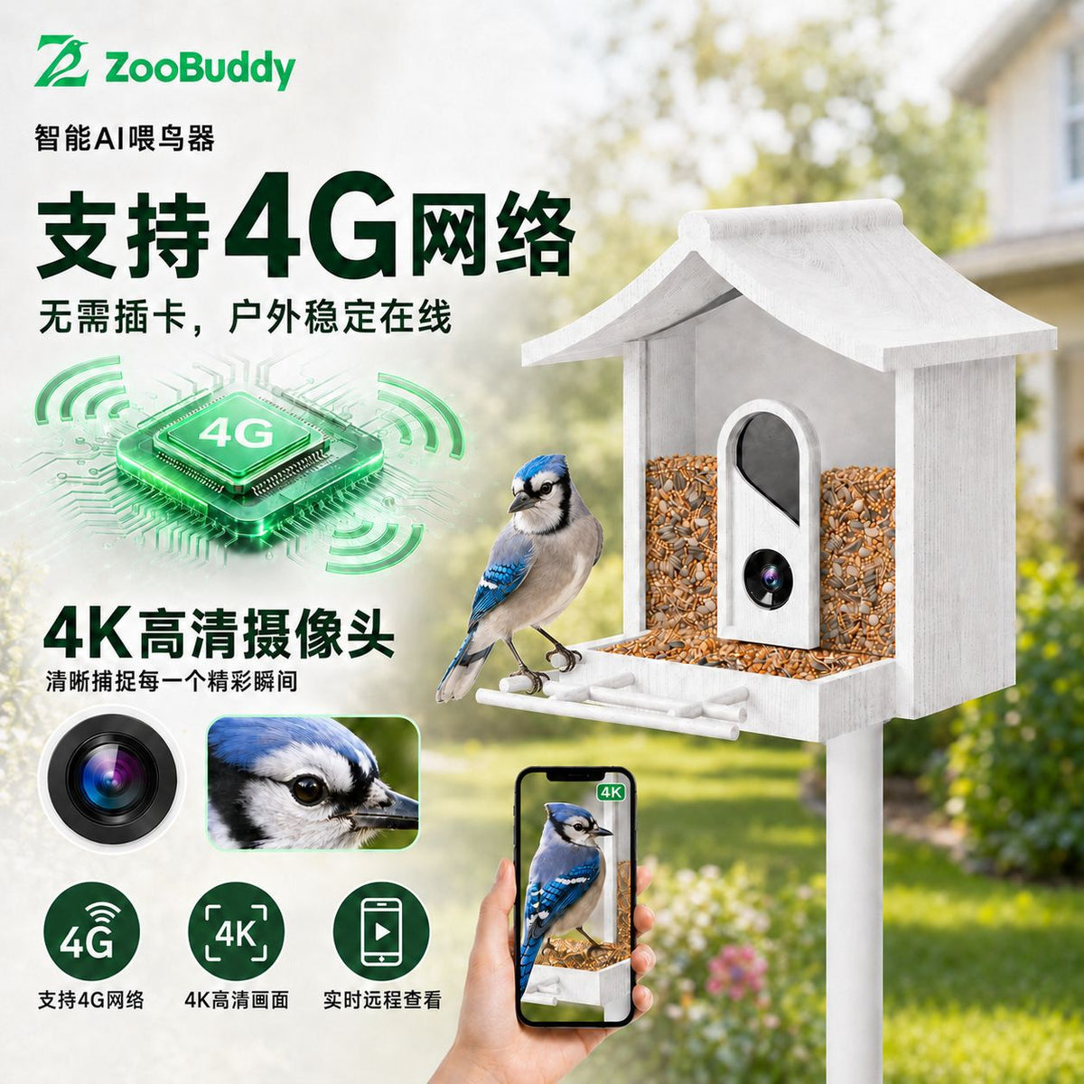智能喂鸟器4G网络连接4K超清摄像头户外太阳能远程监控喂鸟器