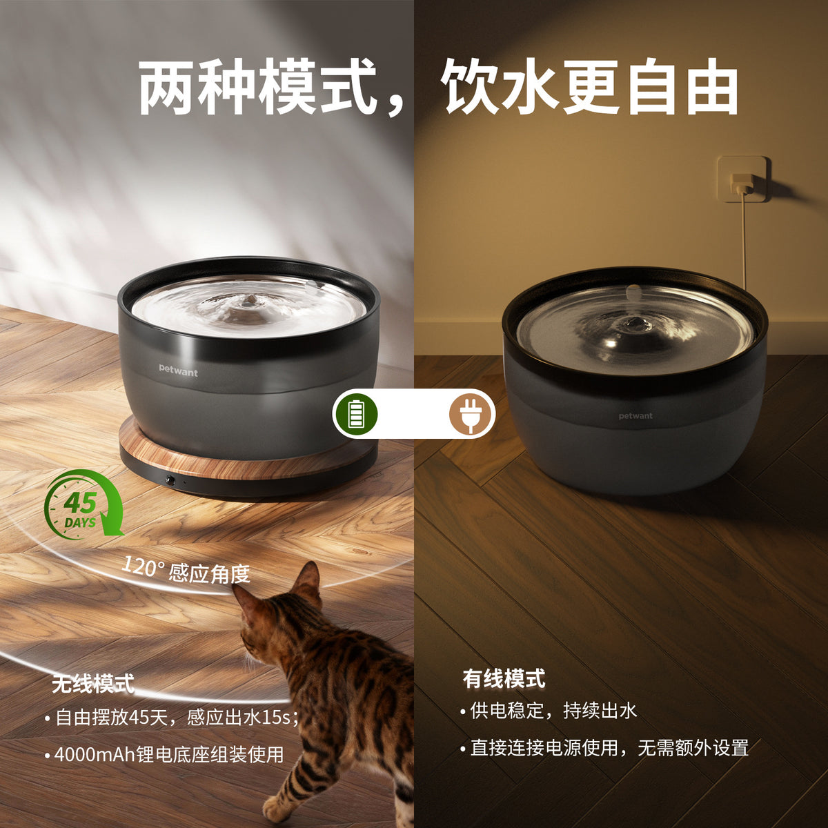锂电模块底座45天3L大容量静音25dB猫咪智能饮水机宠物饮水机