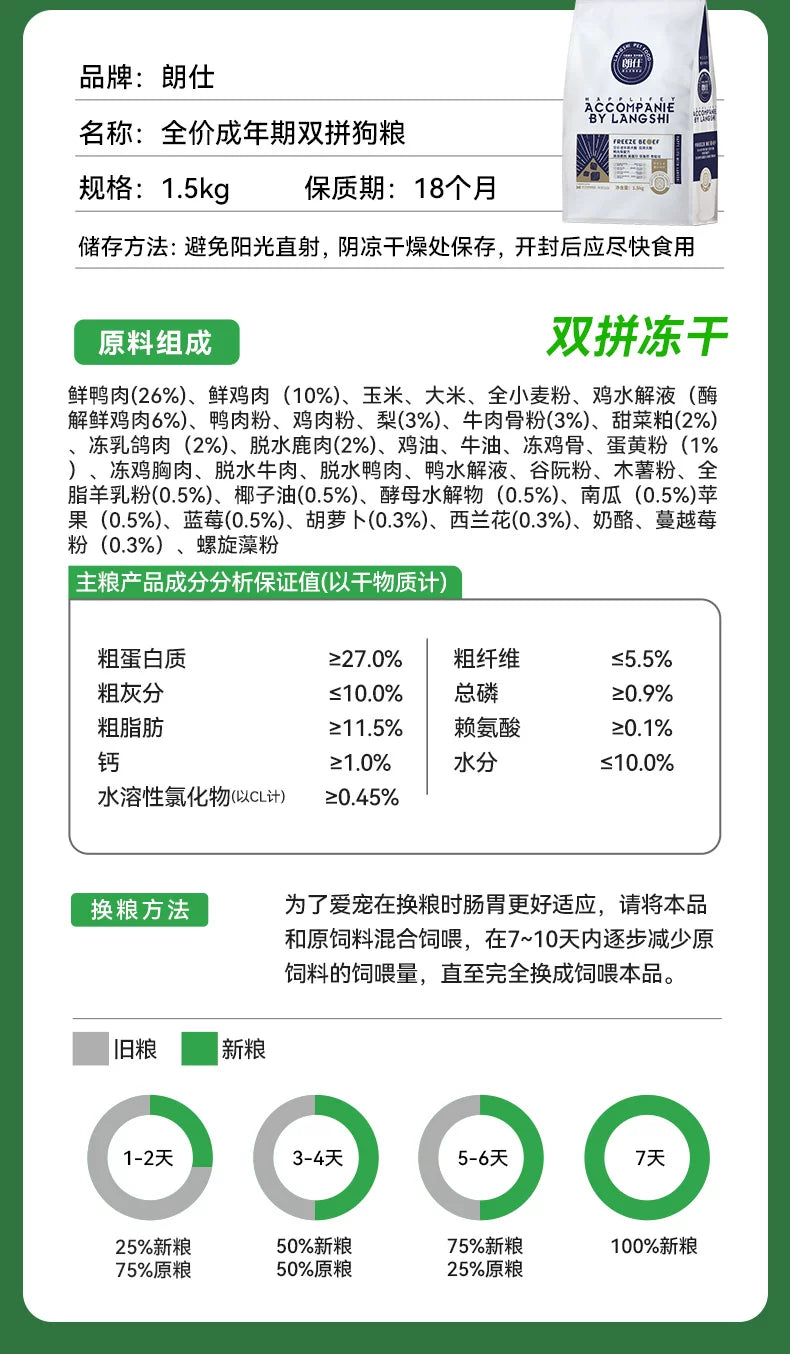朗仕狗粮鲜鸭肉梨冻干成幼犬泰迪柯基比熊金毛小型犬专用新品犬粮