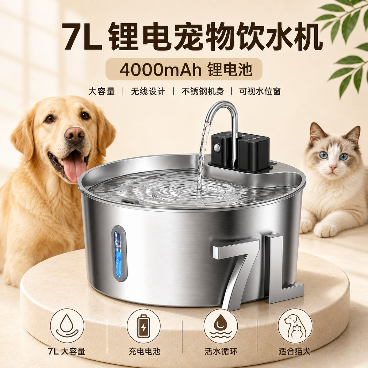 亚马逊无线感应7L饮水机大容量宠物自动饮水机猫咪饮水机静音水泵