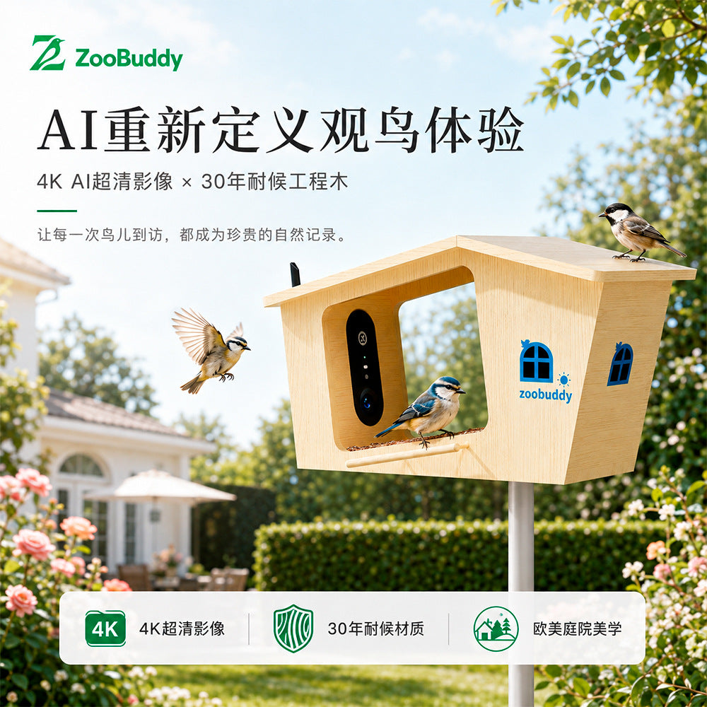 智能AI喂鸟器4K超清摄像超广角AI识别万种鸟类太能阳庭院观鸟设备