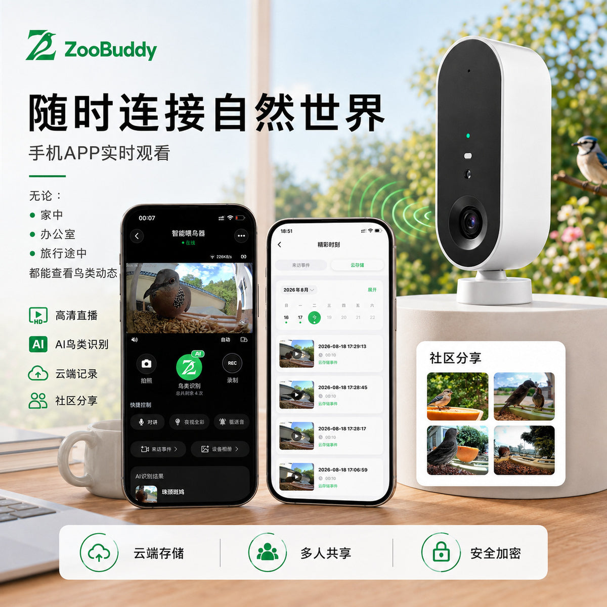 喂鸟器摄像头4K超清ai鸟类识别wifi无线远程监控360°智能摄像头