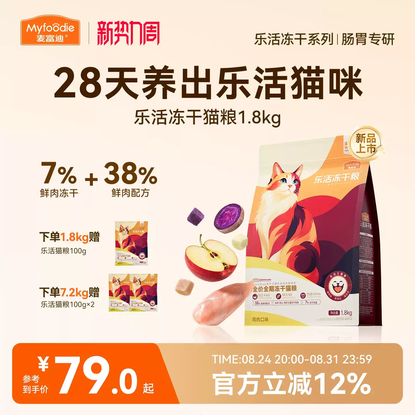 【新品】麦富迪乐活冻干猫粮添加三重冻干营养成幼猫粮通用1.8kg
