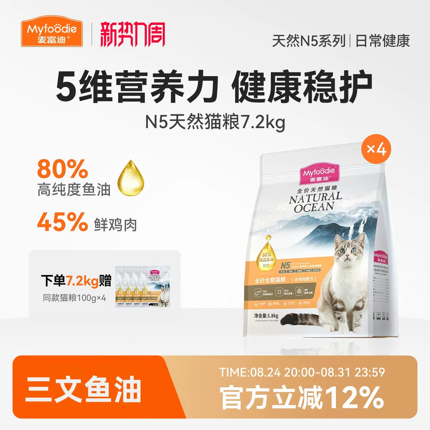 【新升级】麦富迪N5鱼油全价全期天然猫粮鲜肉营养美毛猫粮7.2kg