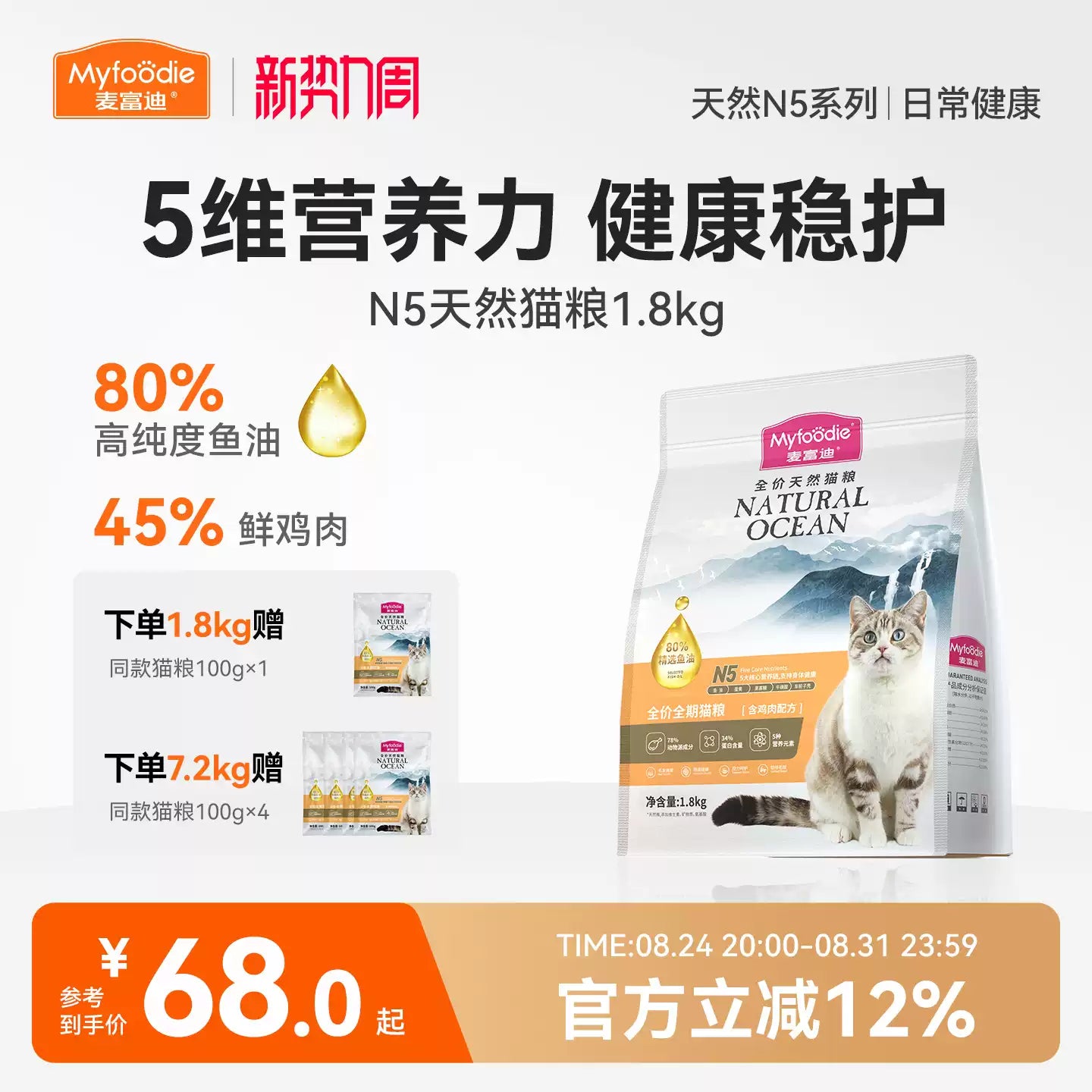 【新升级】麦富迪N5鱼油全价全期天然猫粮鲜肉营养美毛猫粮1.8kg