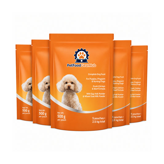 PetFoodGearHub puppy dog food, chicken and beef formula, five 500 g pouches