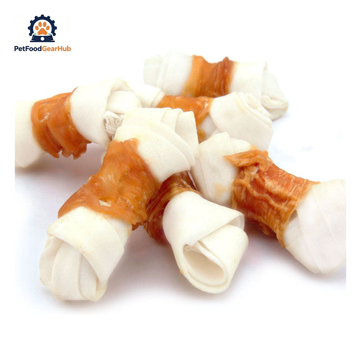 PetFoodGearHub PFGH LSC-50 US white rawhide knot twined by chicken dried dog treats - chicken-twined white rawhide knot chews for dogs, wholesale and OEM available with 300kg MOQ