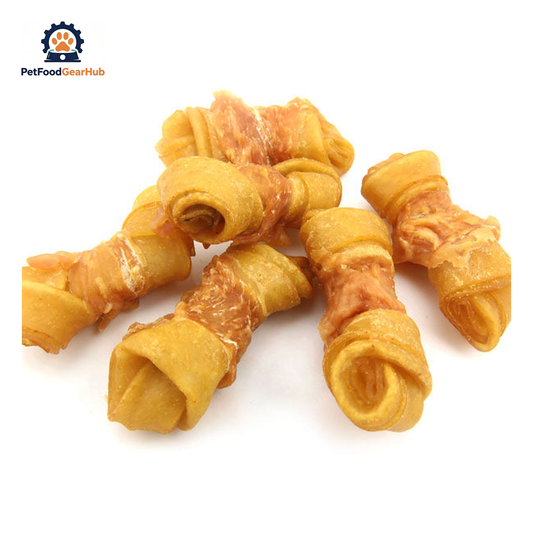 PetFoodGearHub PFGH LSC-49 US porkhide knot twined by chicken dried dog snacks - chicken-twined porkhide knot chews for dogs, wholesale and OEM available with 300kg MOQ