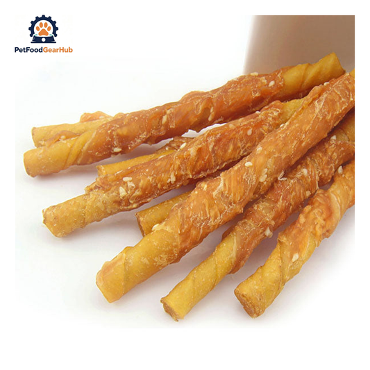 PetFoodGearHub PFGH LSC-45 US porkhide stick twined by chicken with sesame wholesale pet snacks - chicken-twined porkhide stick chews with sesame for dogs, wholesale and OEM available with 300kg MOQ