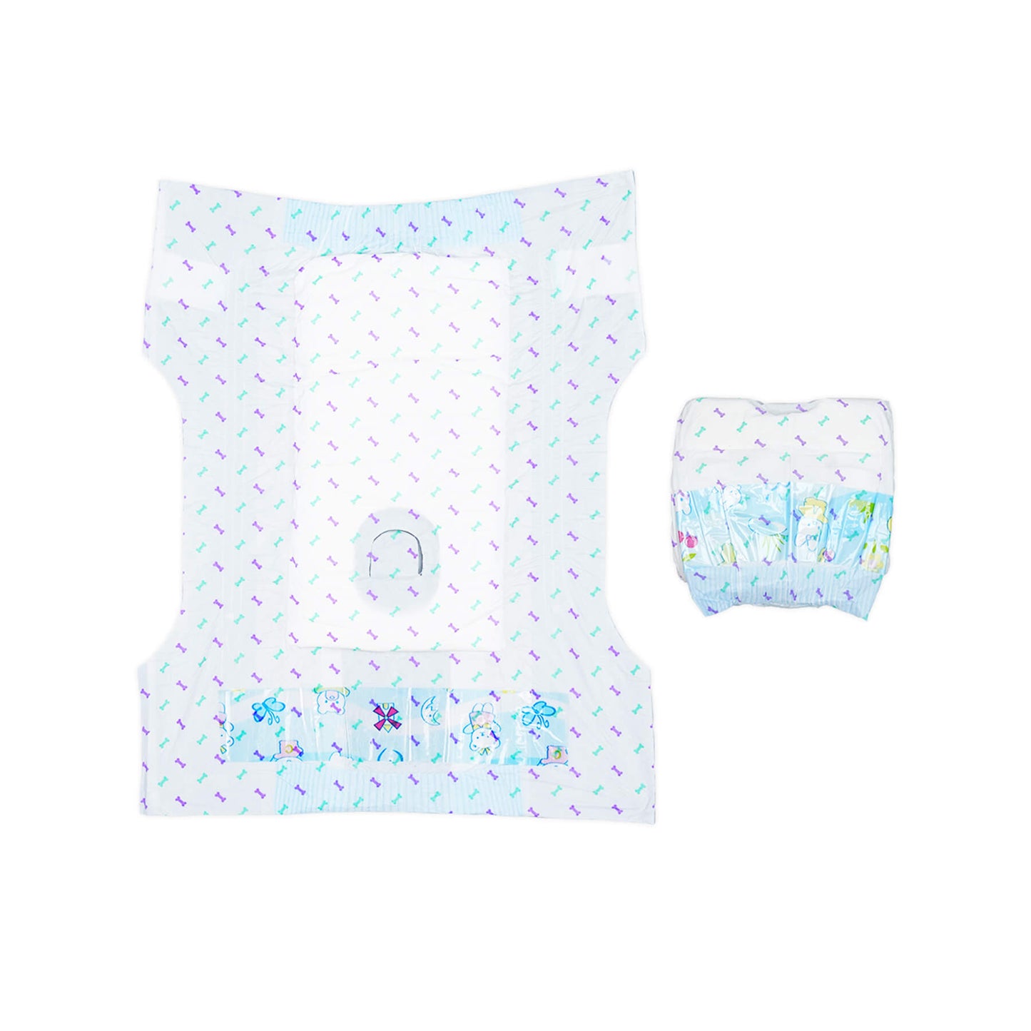 expansion details of diaper with many green and purple tiny bone patterns