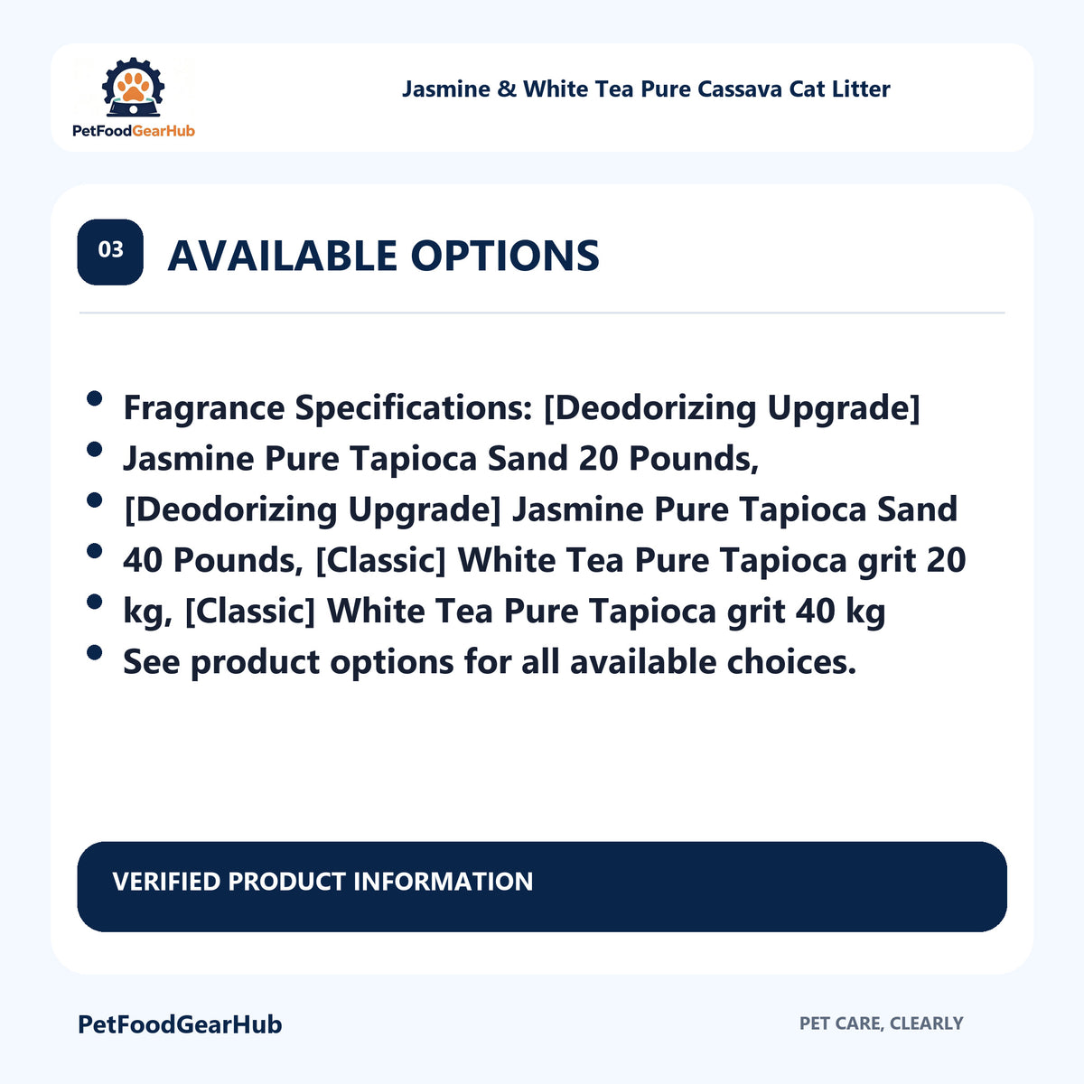PetFoodGearHub Jasmine & White Tea Pure Cassava Cat Litter sizes options
