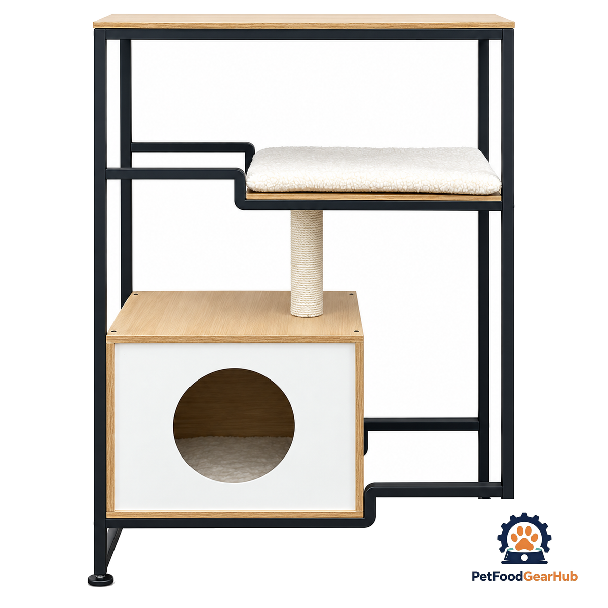 PetFoodGearHub three-tier cat tree with enclosed cat house