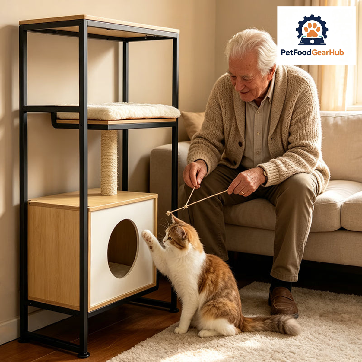 PetFoodGearHub three-tier cat tree with enclosed cat house — view 2