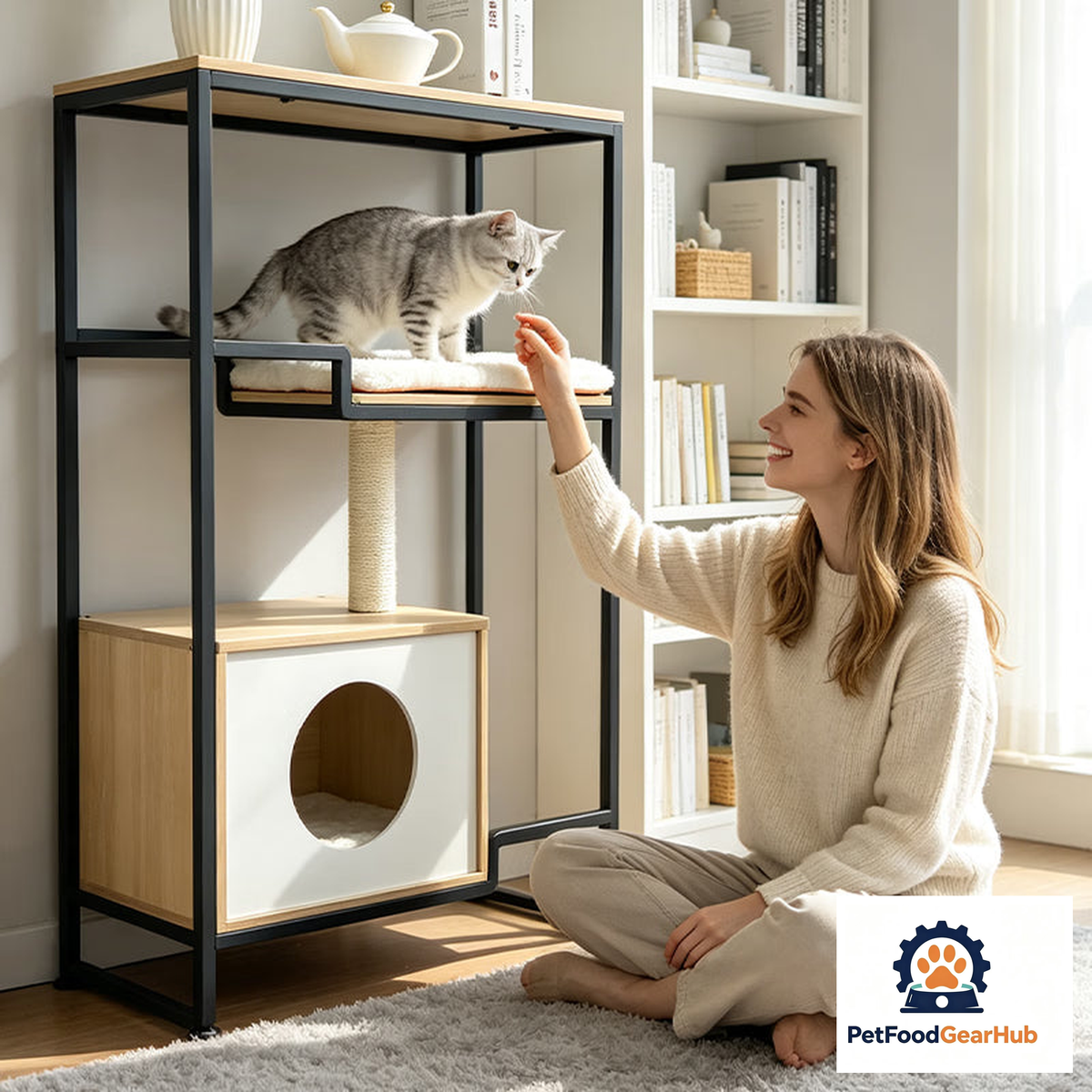 PetFoodGearHub three-tier cat tree with enclosed cat house — view 3